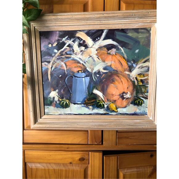 “Autumn Harvest Oil Painting – Signed Van Wall Still Life, Pumpkins & Gourds, - Picture 2 of 10